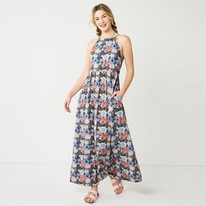 (L) SO Floral High Neck Sleeveless Crochet Trim Maxi Dress